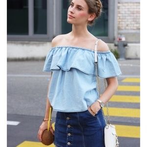 Mango Off The Shoulder Denim Chambray Blue Blouse